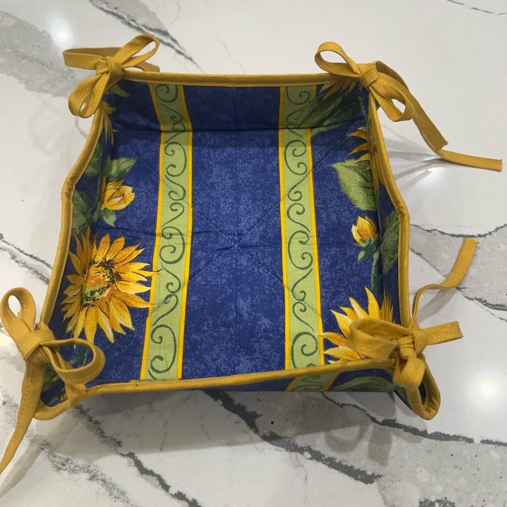 New vintage French Provençal fabric bread basket, cotton, sunflower pattern